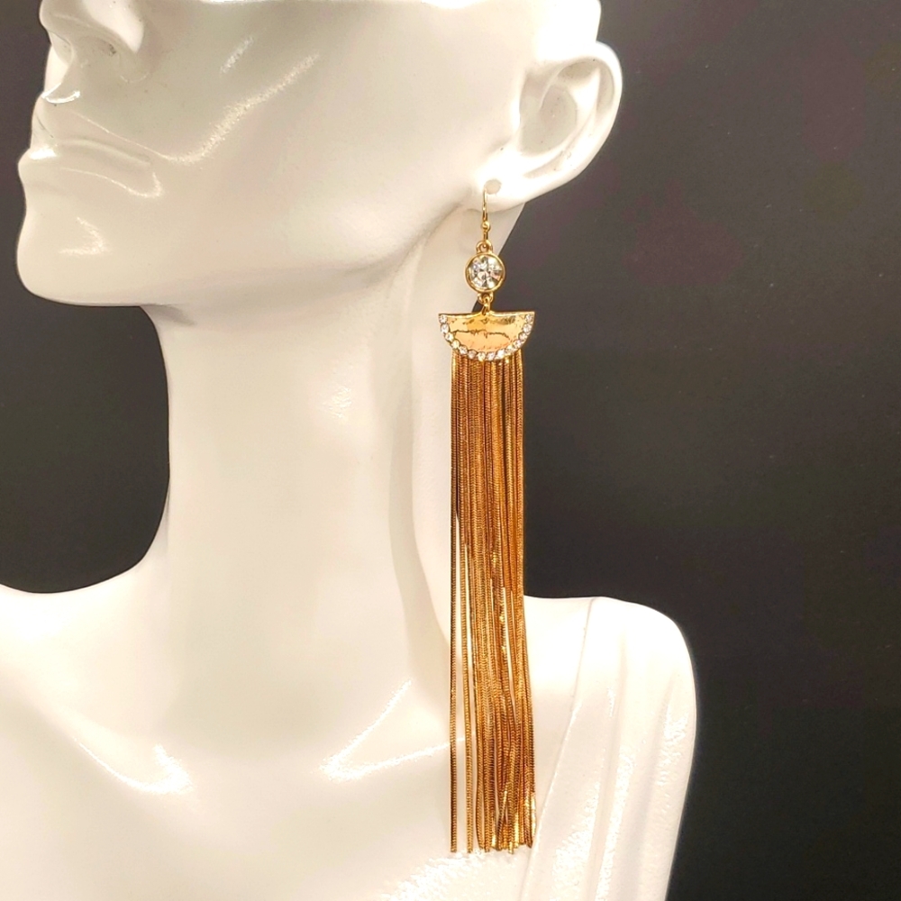 Guess Gold Long Metal Tassel Dangle Earrings with Half Moon Crystal's